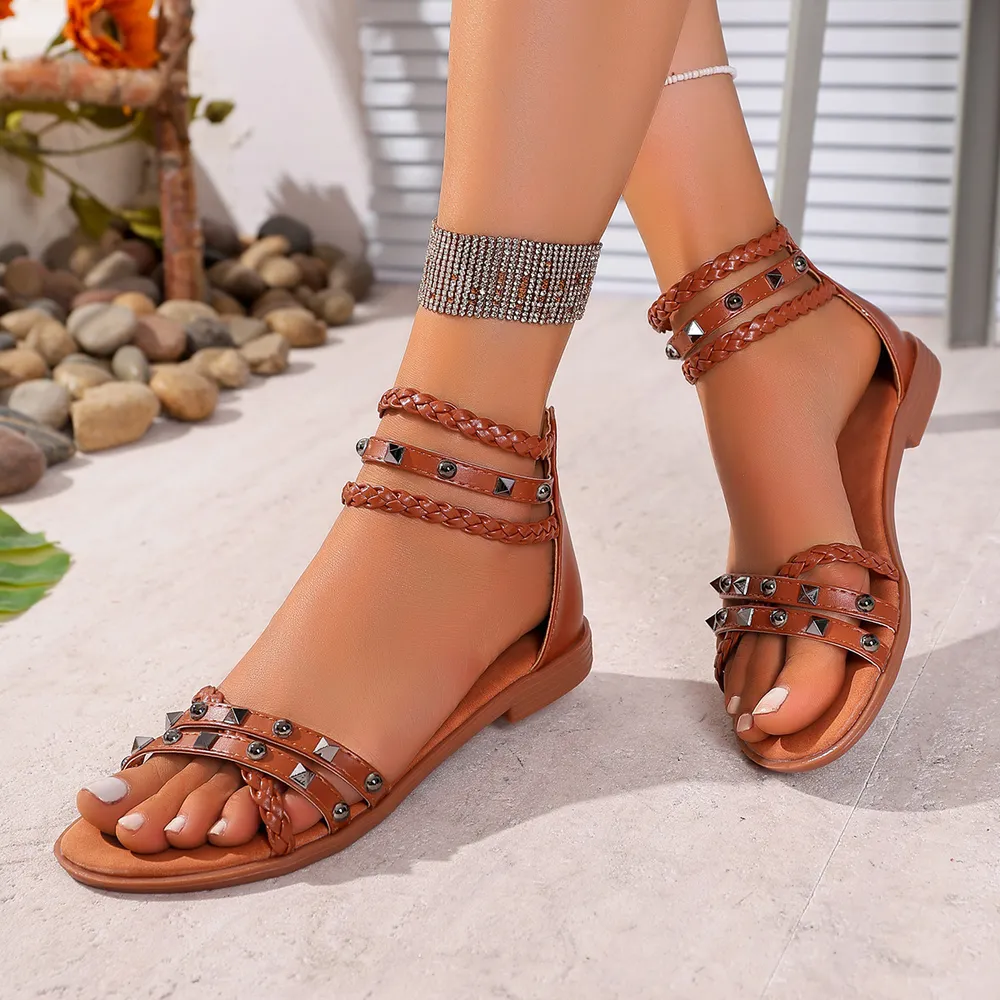 Braided Ankle Strap Studded Sandals, image 6