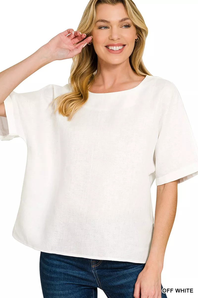 Linen Round Neck Cuffed Sleeve Top