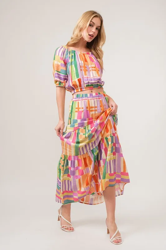 Puff Sleeve Elastic Edges Geo Printed Crop Top, image 4