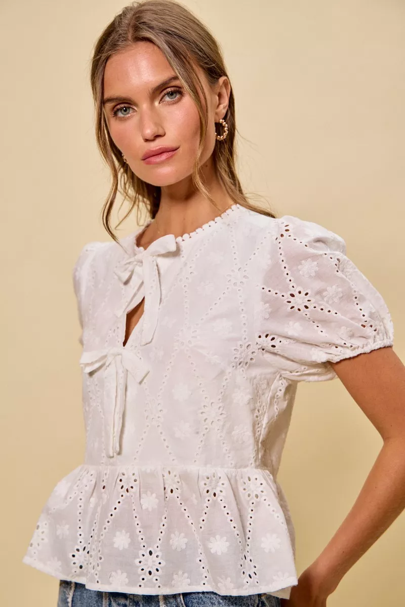 Cotton Eyelet Front Tie Short Sleeves Blouse, image 6
