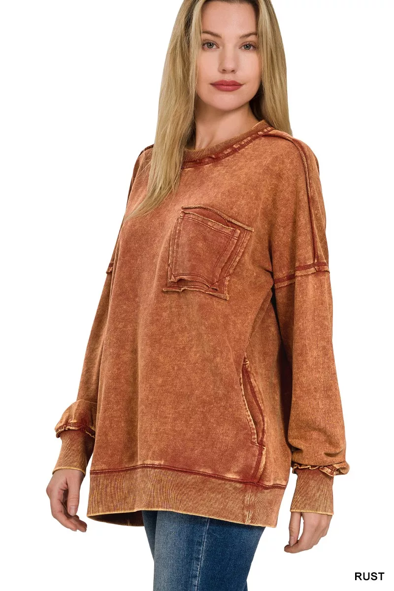 Zenana Acid Wash Raw Edge French Terry Sweatshirt with Front Pocket, image 2