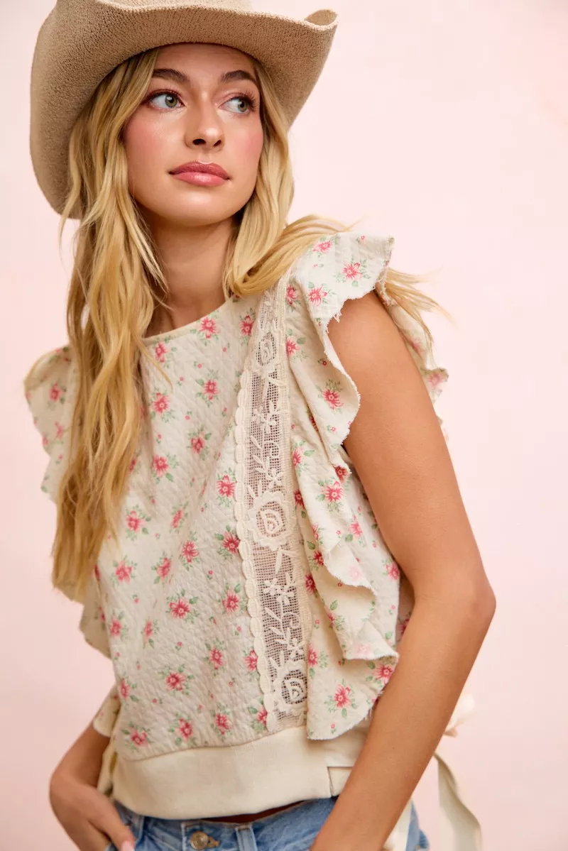 BiBi Flower Printed Ruffle Sleeve Trim Detail Top, image 7