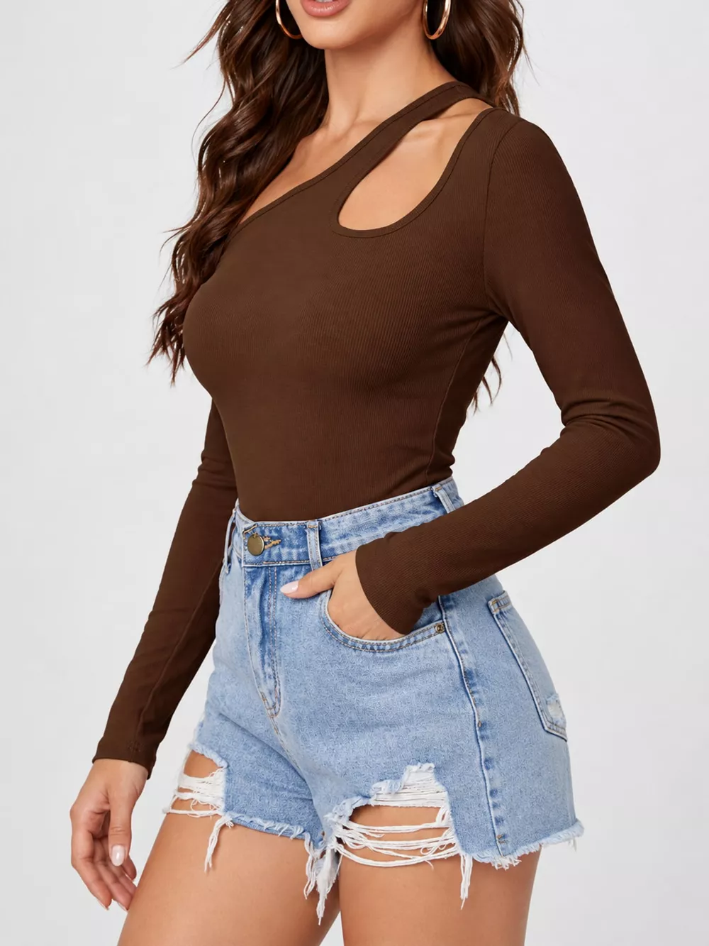 One-Shoulder Cut-Out Long Sleeve T-Shirt, image 30