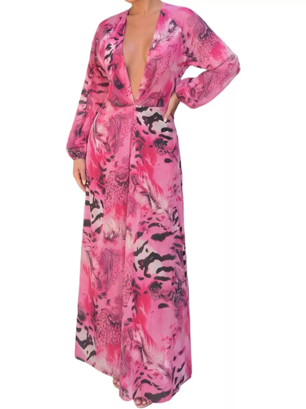 Deep V-Neck Long Sleeve Printed Maxi Dress, image 16