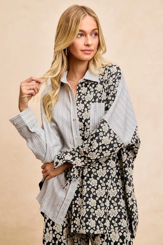 Stripes Jacquard Floral Mix And Match Shirt Top