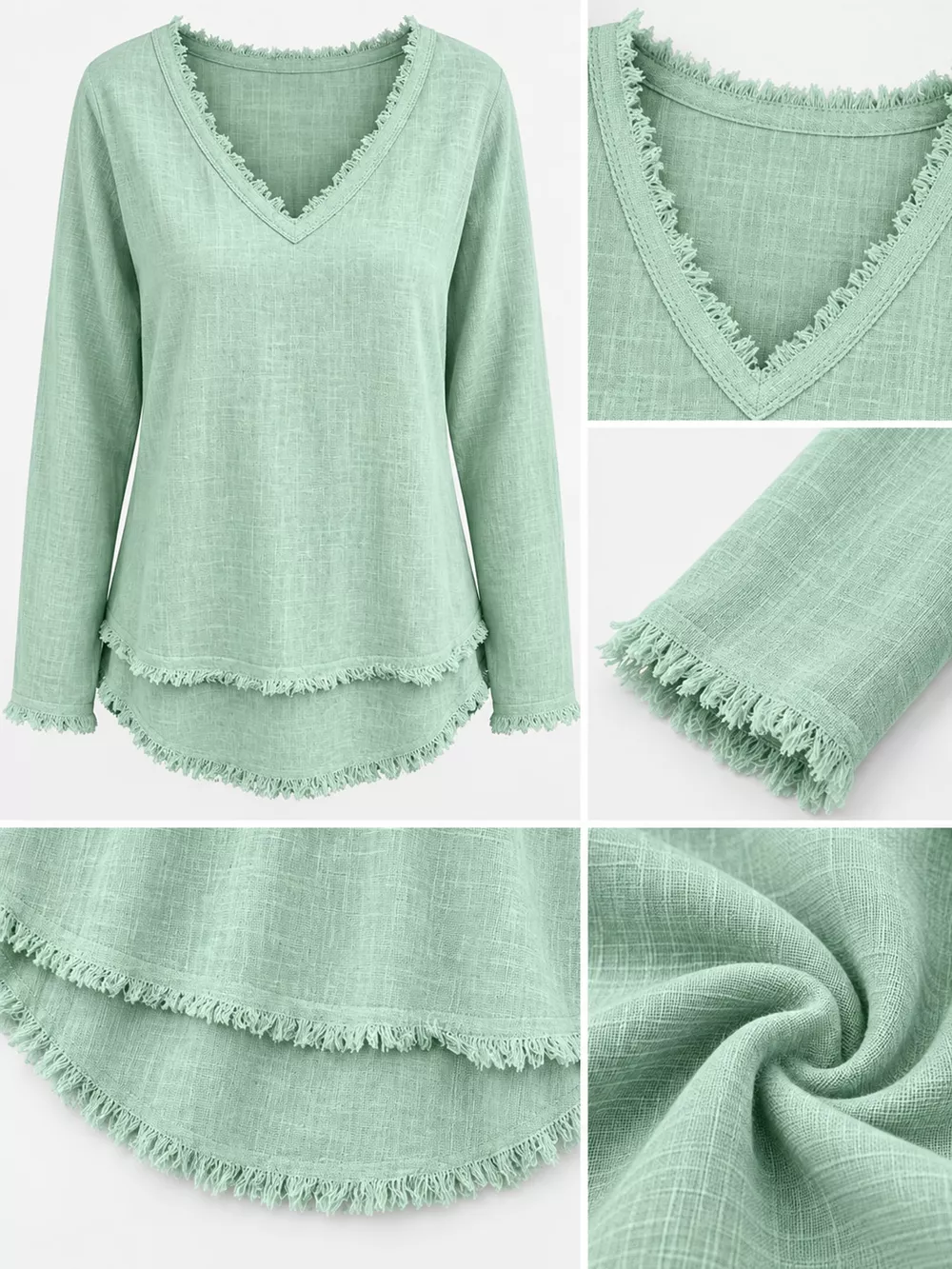 Full Size Frayed Hem V-Neck Blouse Plus Size, image 65