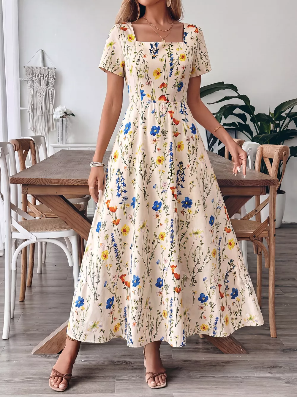 Floral Print Square Neck Casual Maxi Dress, image 3