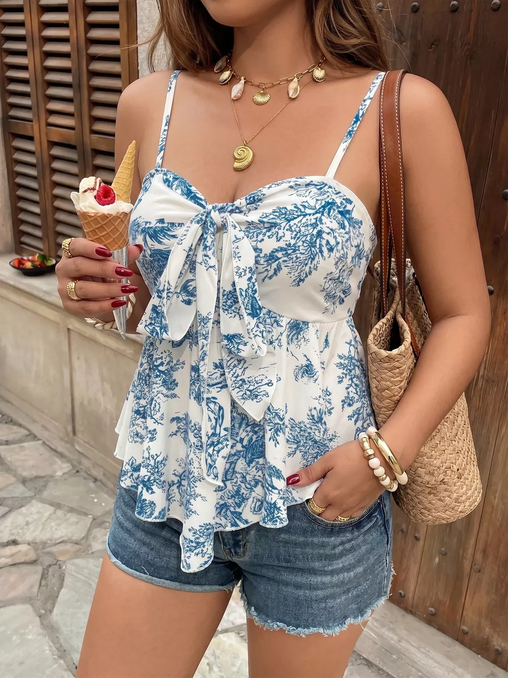 Floral Print Tie Front Ruffle Hem Cami, image 5