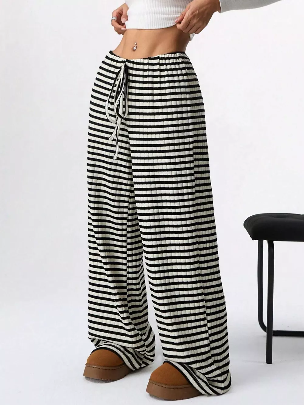 Striped Ribbed Knit Drawstring Waist Wide Leg Pants, image 9