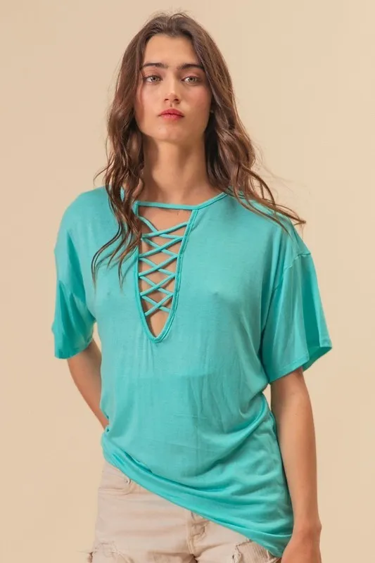 Jersey Knit Top with Criss Cross Front Neck Detail, image 5