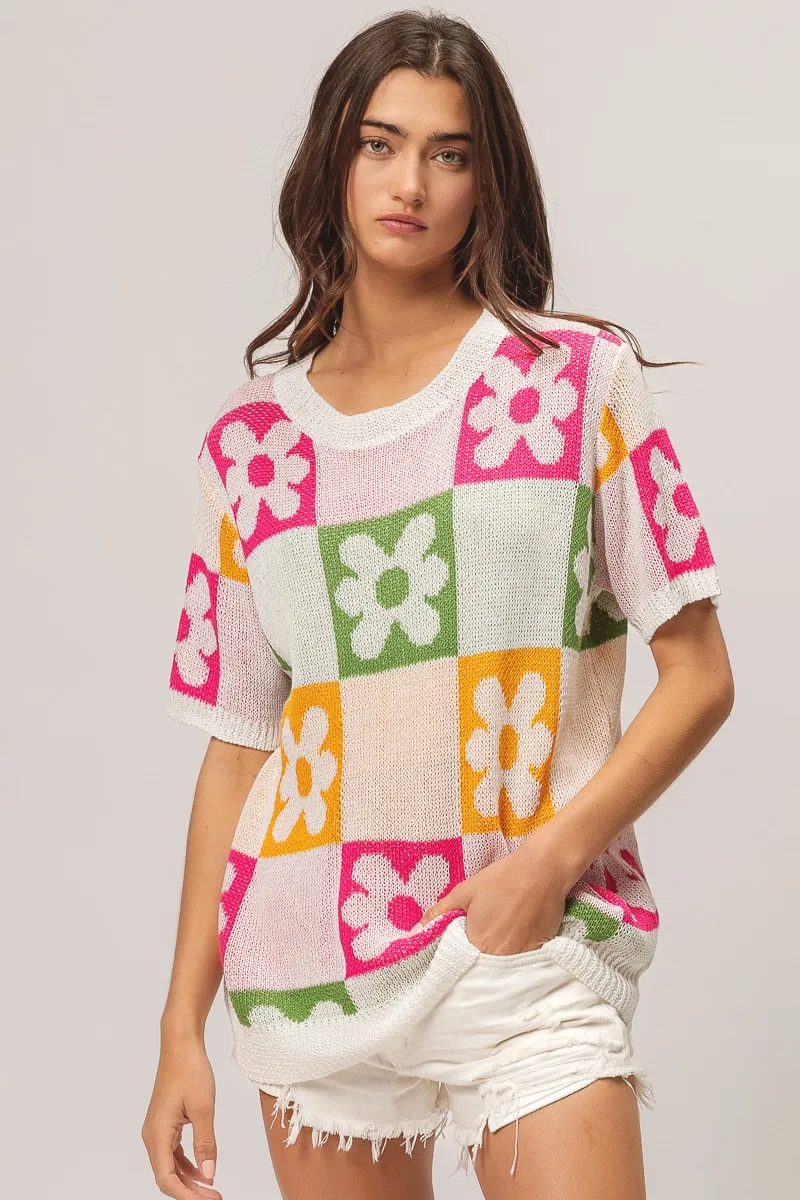 Flower Checker Pattern Lightweight Sweater Top, image 3