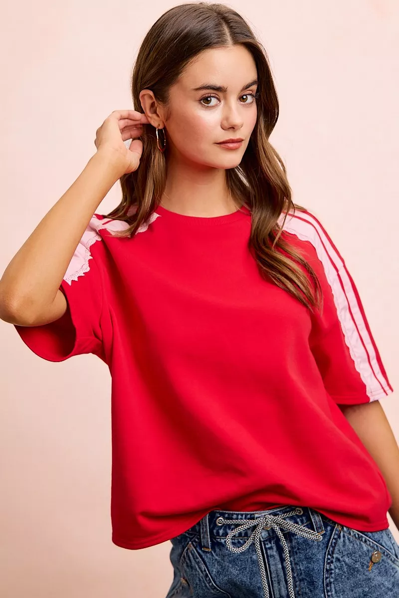 BiBi French Terry Side Lace Detail Short Sleeves Top, image 12
