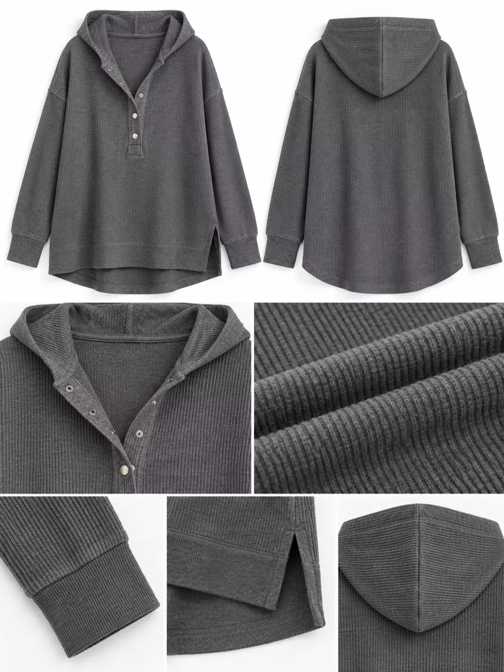 Full Size Snap Button Placket Dropped Shoulder Hoodie Plus Size, image 22