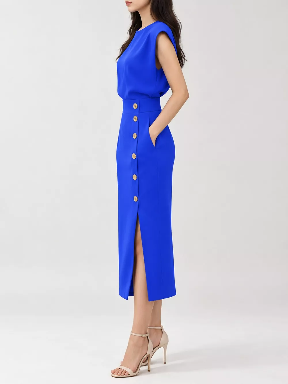 Sleeveless Midi Dress with Gold Button Detail and Side Slit, image 42