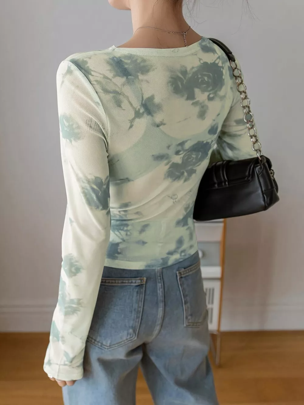 Floral Print Sheer Mesh Long Sleeve T-Shirt, image 2