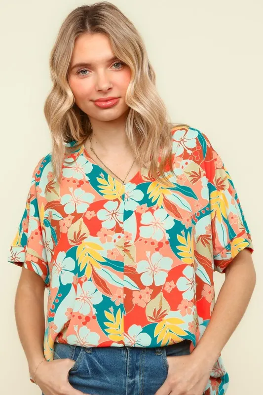 V Neck Drop Shoulder Hawaiian Woven Top, image 2