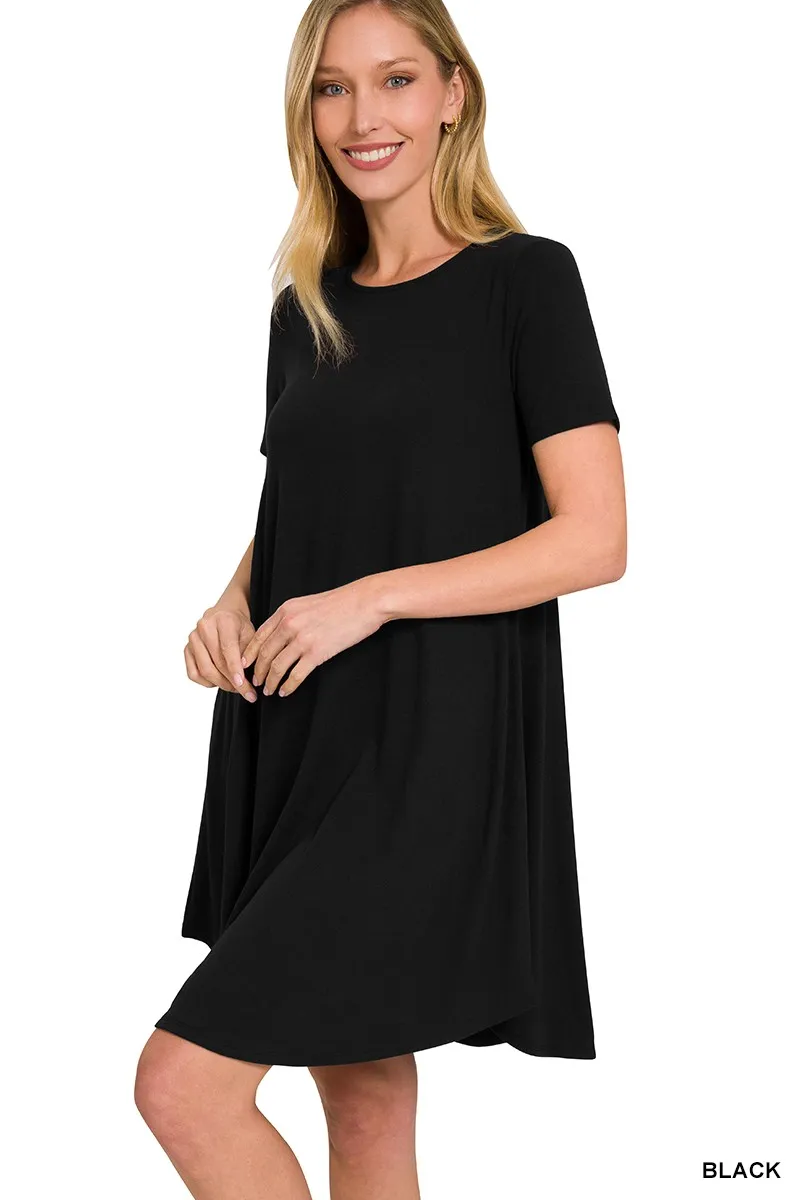 Short Sleeve Round Hem A-line Dress with Side Pockets, image 3