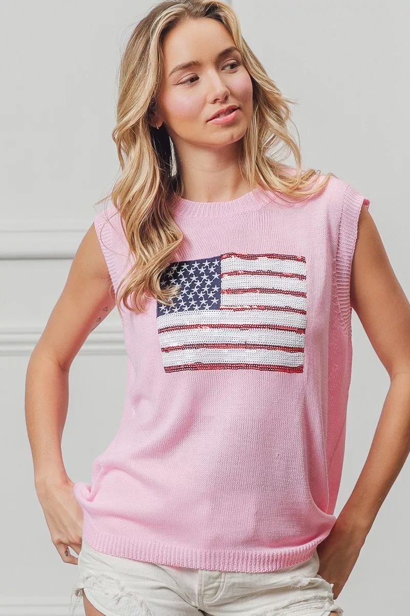 American Flag Sequins Patch Knit Top, image 3