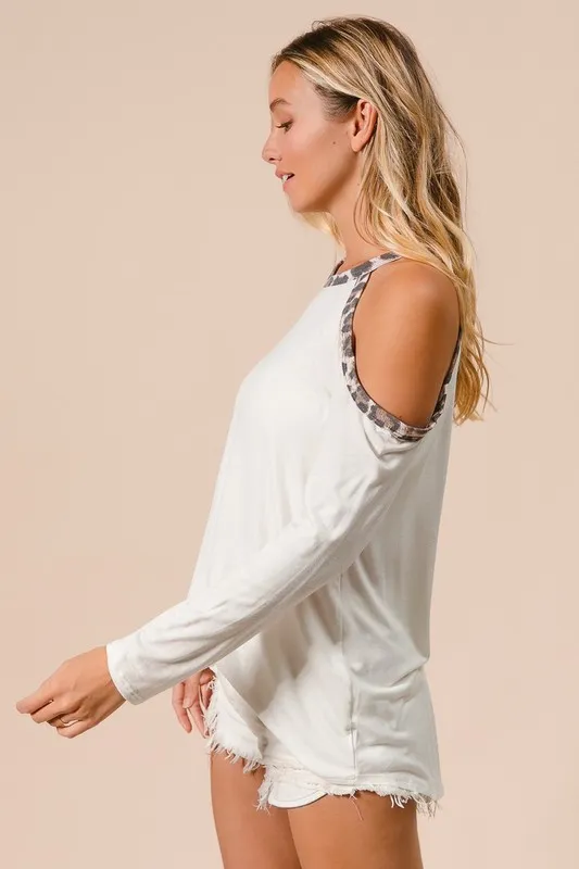 Jersey Knit Cold Shoulder Top with Leopard Neck, image 7