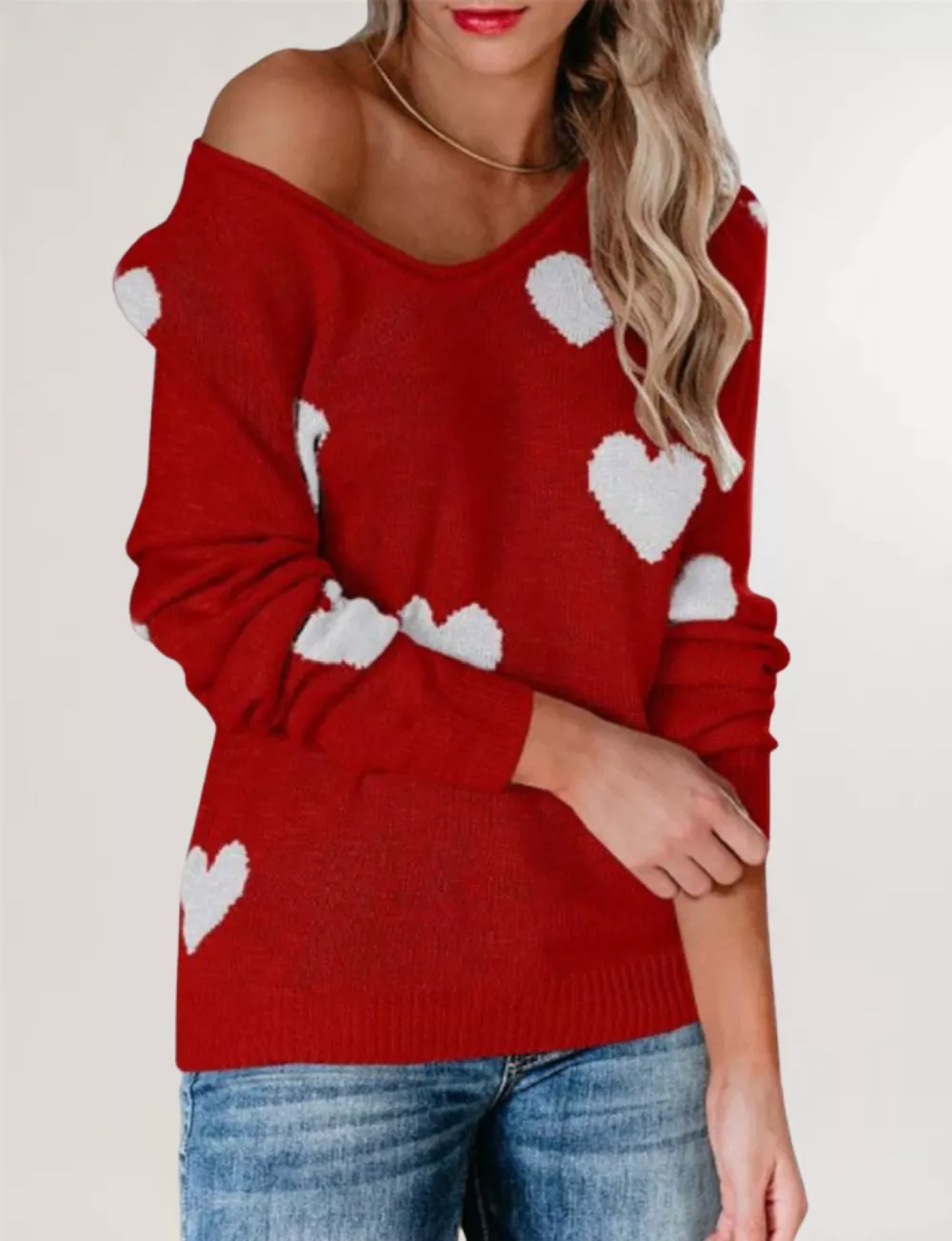 Heart Pattern V-Neck Sweater, image 9