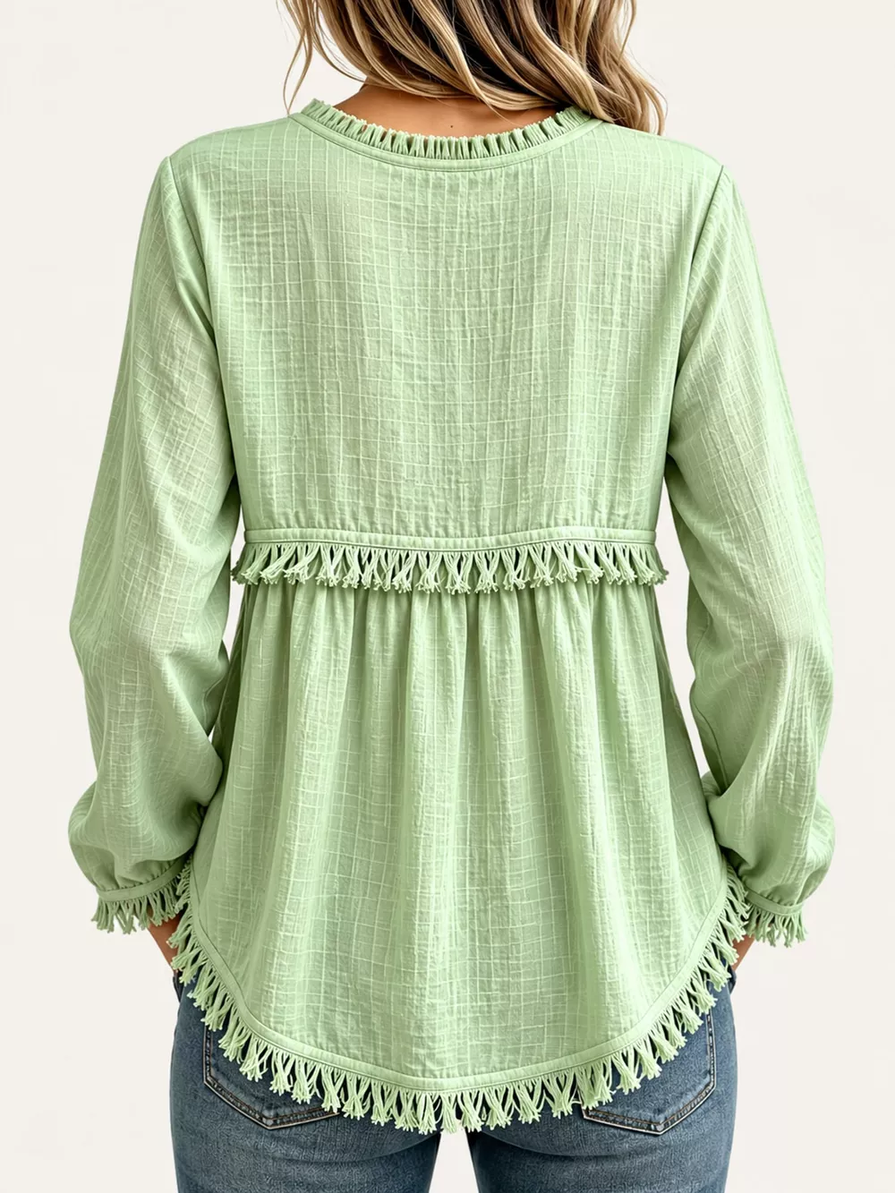 Full Size Fringed Trim V-Neck Long Sleeve Blouse Plus Size, image 76