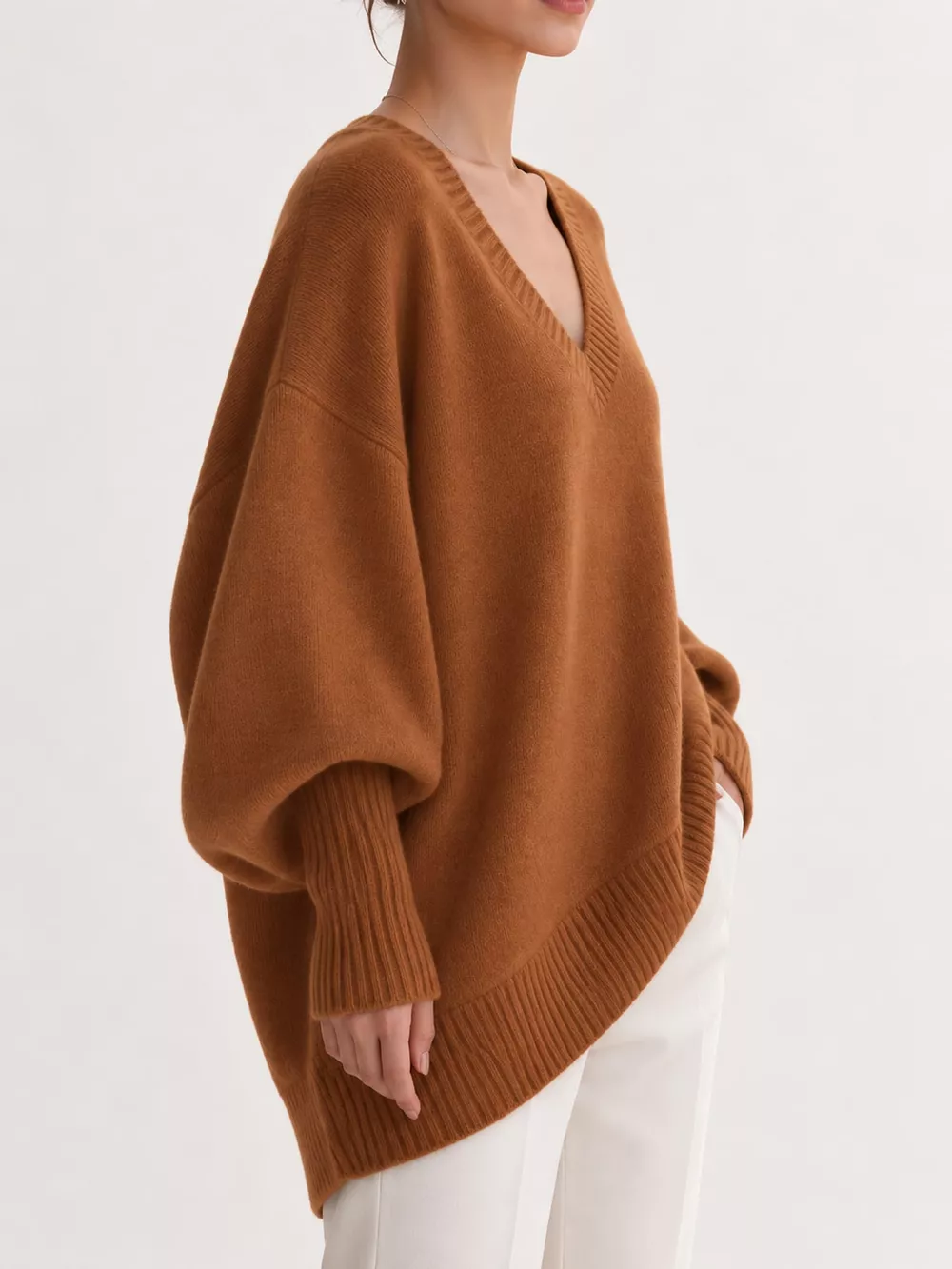 Full Size V-Neck Oversized Batwing Sleeve Sweater Plus Size, image 35