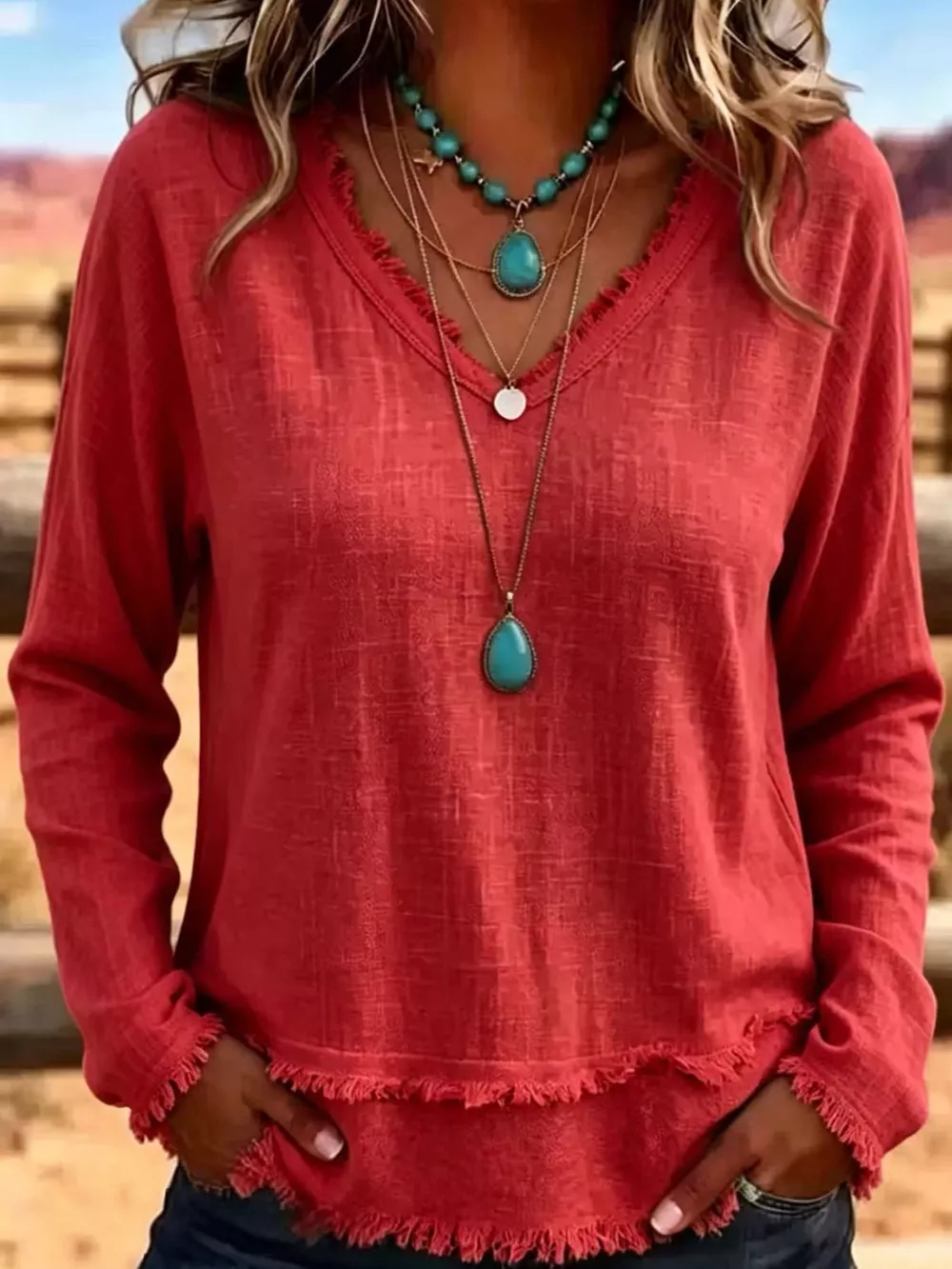 Full Size Frayed Hem V-Neck Long Sleeve Blouse Plus Size, image 21