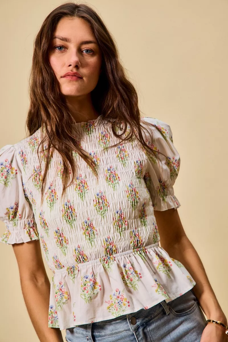 Floral Cotton Smocked Short Sleeves Blouse, image 4