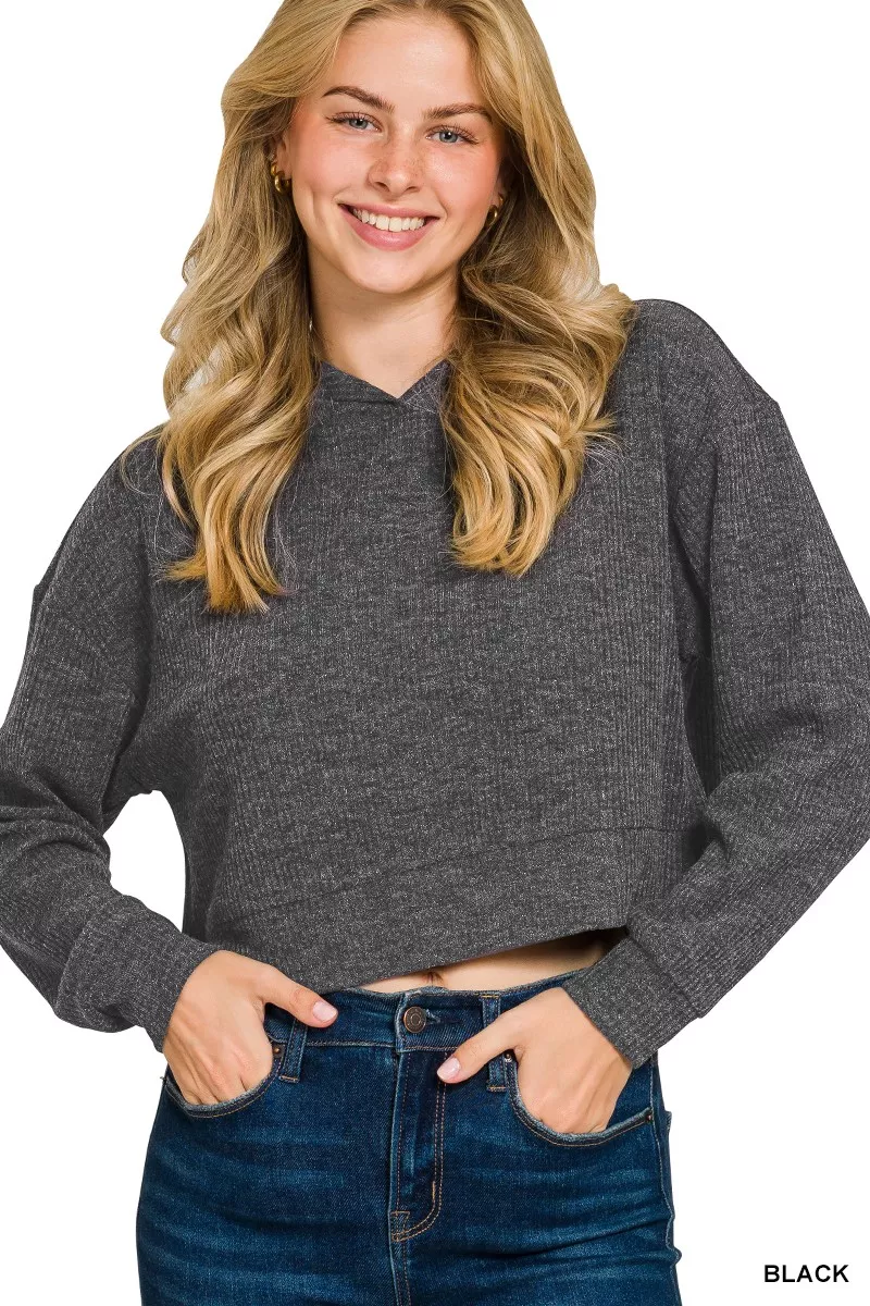 Drop Shoulder Ribbed Crop Hoodie