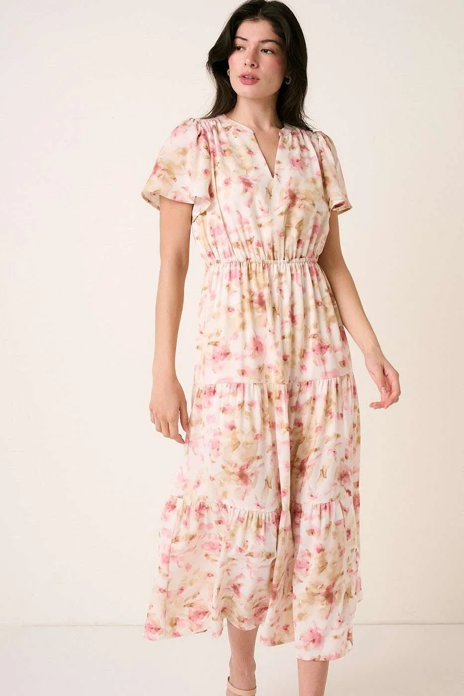 Flower Print Flutter Sleeve V Slit Maxi Dress, image 2