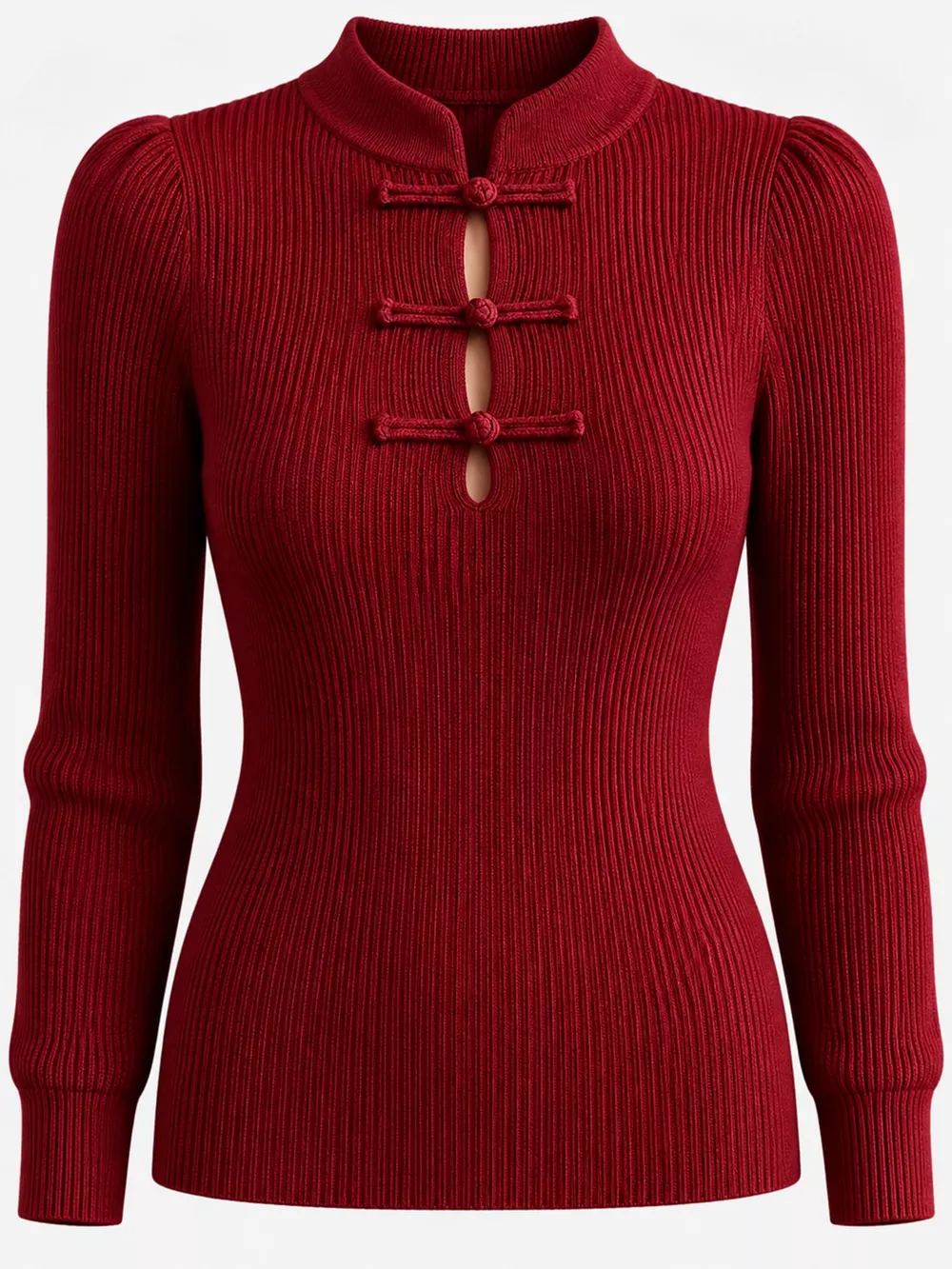 Chinese-Style Button Ribbed Knit Top, image 21