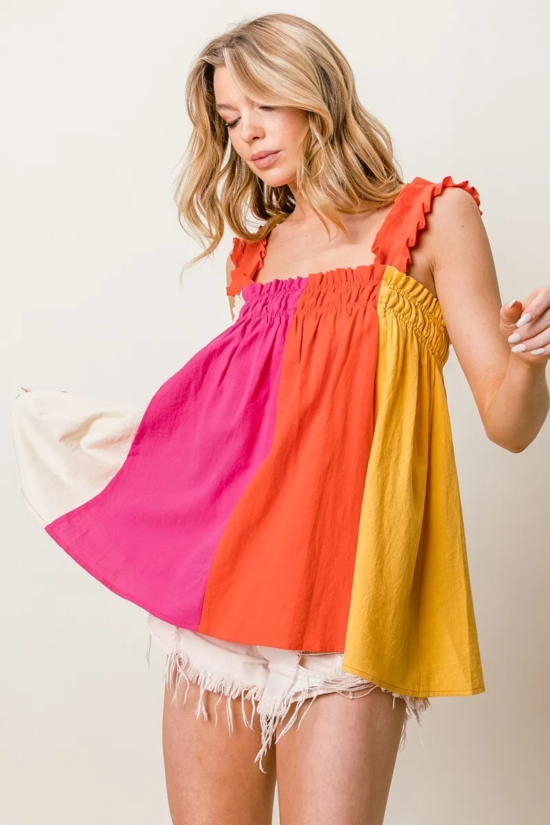 Frill Shoulder Strap Color Block Bodice Top, image 2