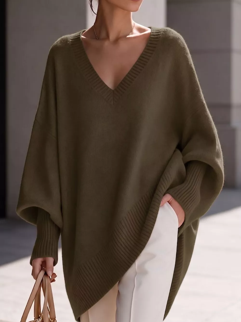Full Size V-Neck Oversized Batwing Sleeve Sweater Plus Size, image 21