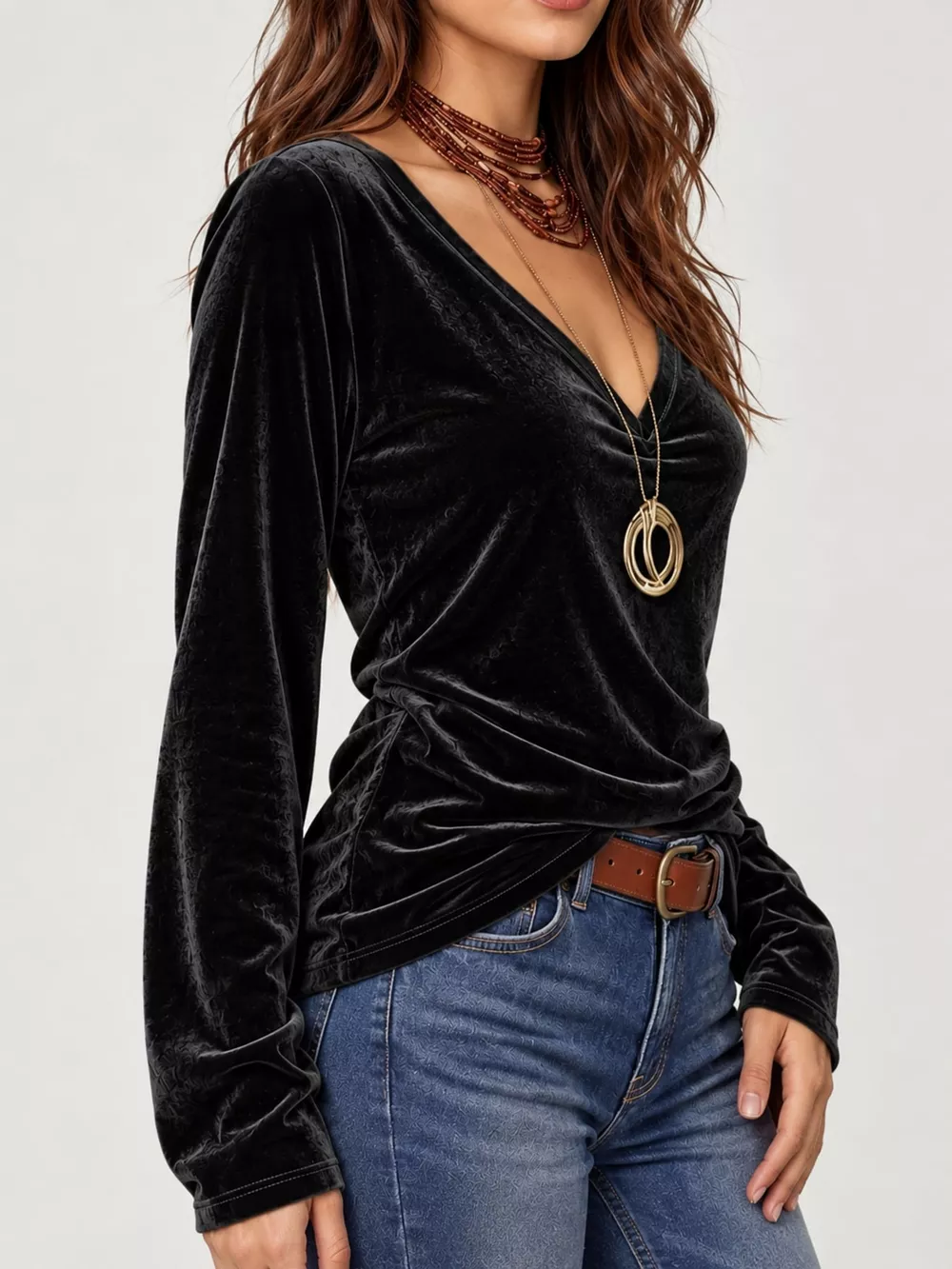 Full Size V-Neck Velvet Long Sleeve T-Shirt Plus Size, image 6