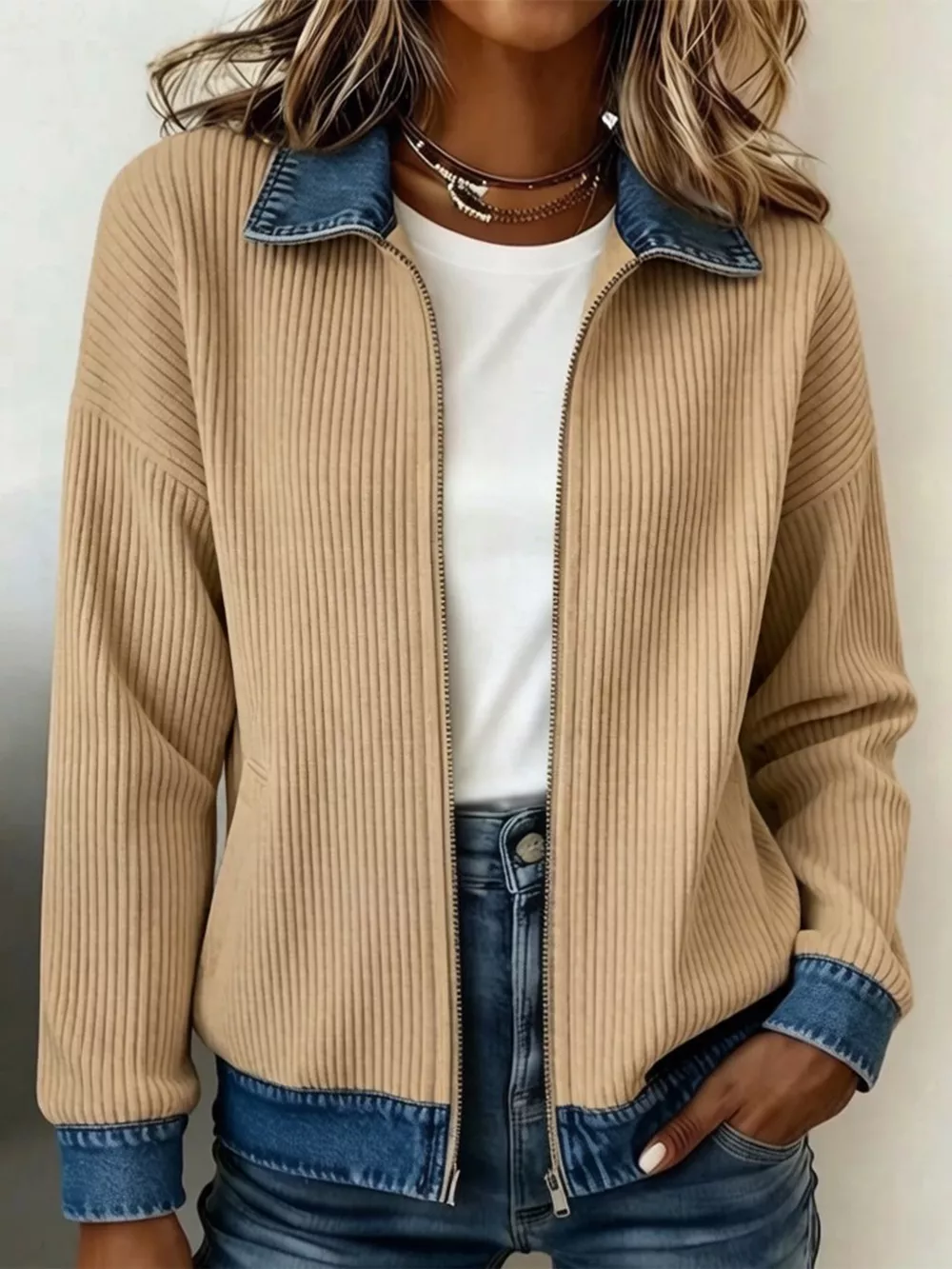 Contrast Denim Collar Ribbed Knit Jacket, image 5