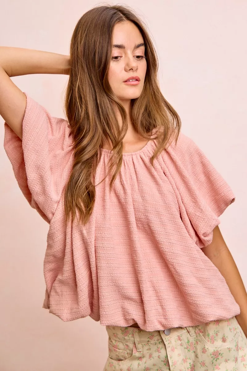 Stripes Textured Shirred Neckline Bubble Hem Top, image 3