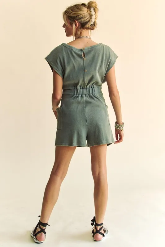Acid-Washed Waffle Knit Cuffed Sleeves Romper, image 6