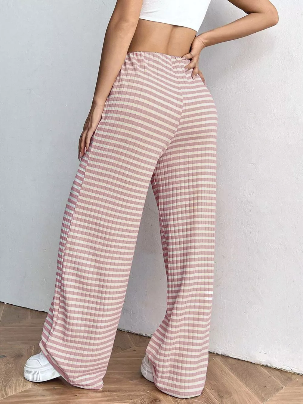 Striped Ribbed Knit Drawstring Waist Wide Leg Pants, image 5