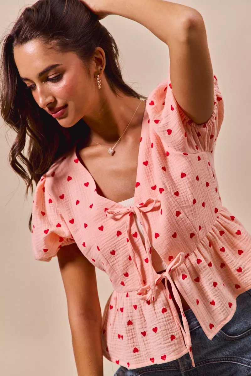 All Over Heart Ribbon Tie Baby Doll Valentine Blouse, image 2