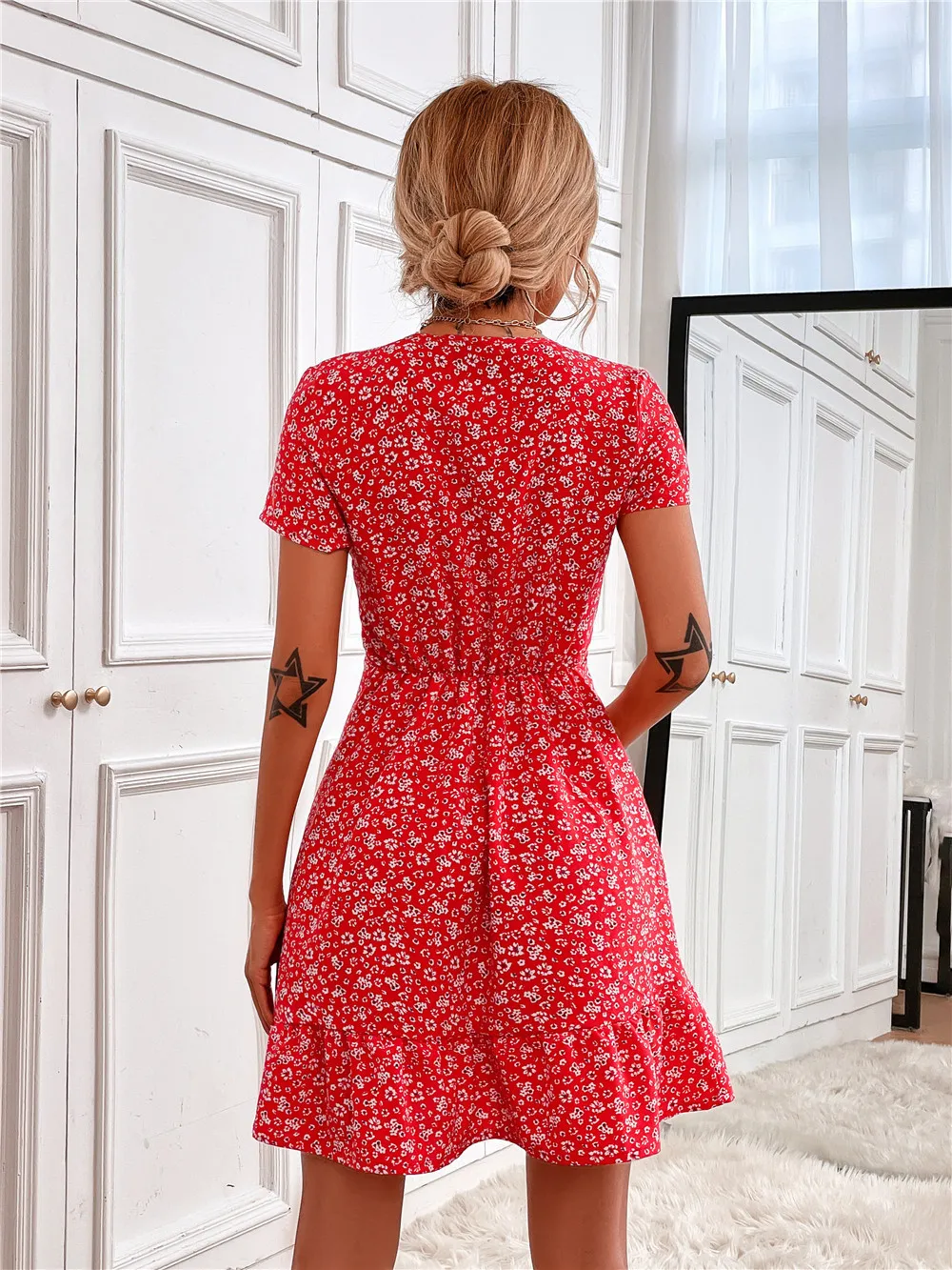 Printed Ruffled Hem V-Neck Short Sleeve Mini Dress, image 4