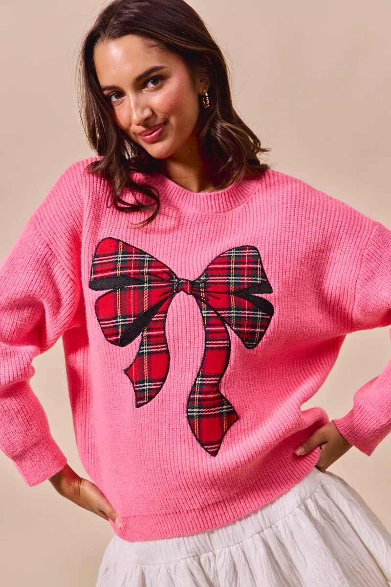 Checker Plaid Ribbon Christmas Holiday Sweater, image 2