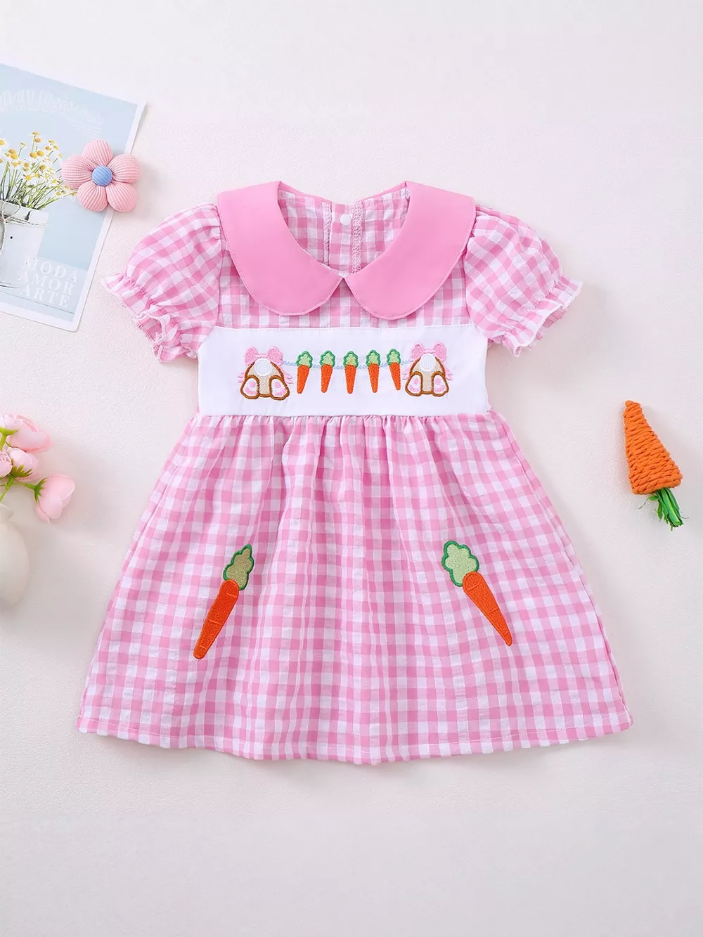 Children's Gingham Bunny & Carrot Embroidered Peter Pan Collar Smocked Dress