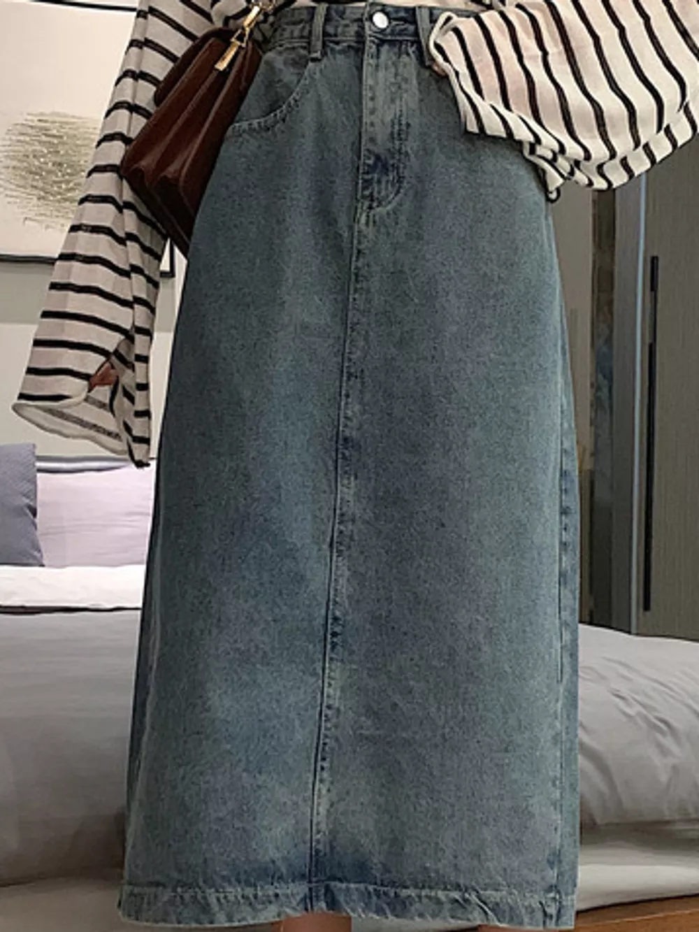 Full Size High-Waisted Vintage Wash Midi Denim Skirt Plus Size, image 2