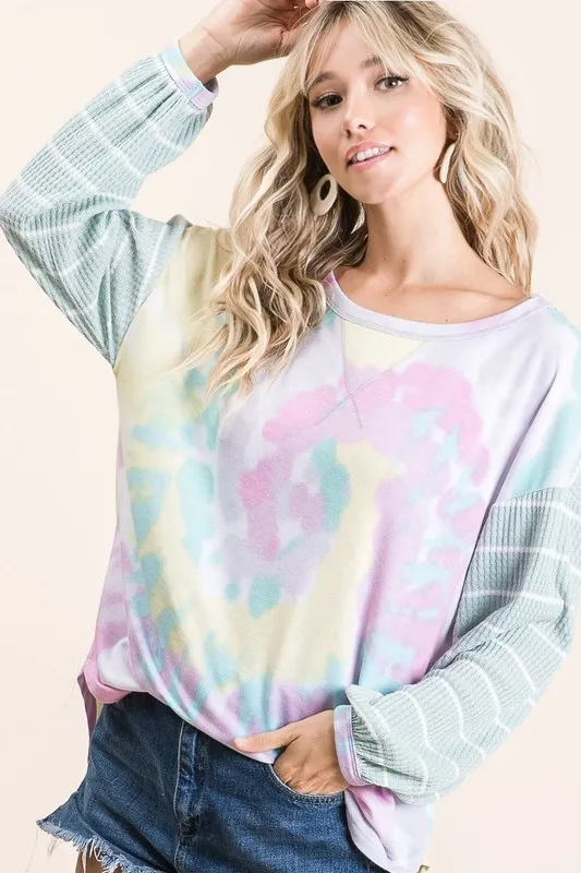 Tie Dye Terry Top with Wide Stripe Thermal Waffle, image 2
