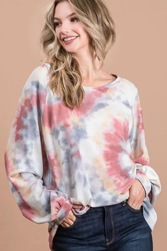 Tie Dye Print Terry Top With Puff Sleeves