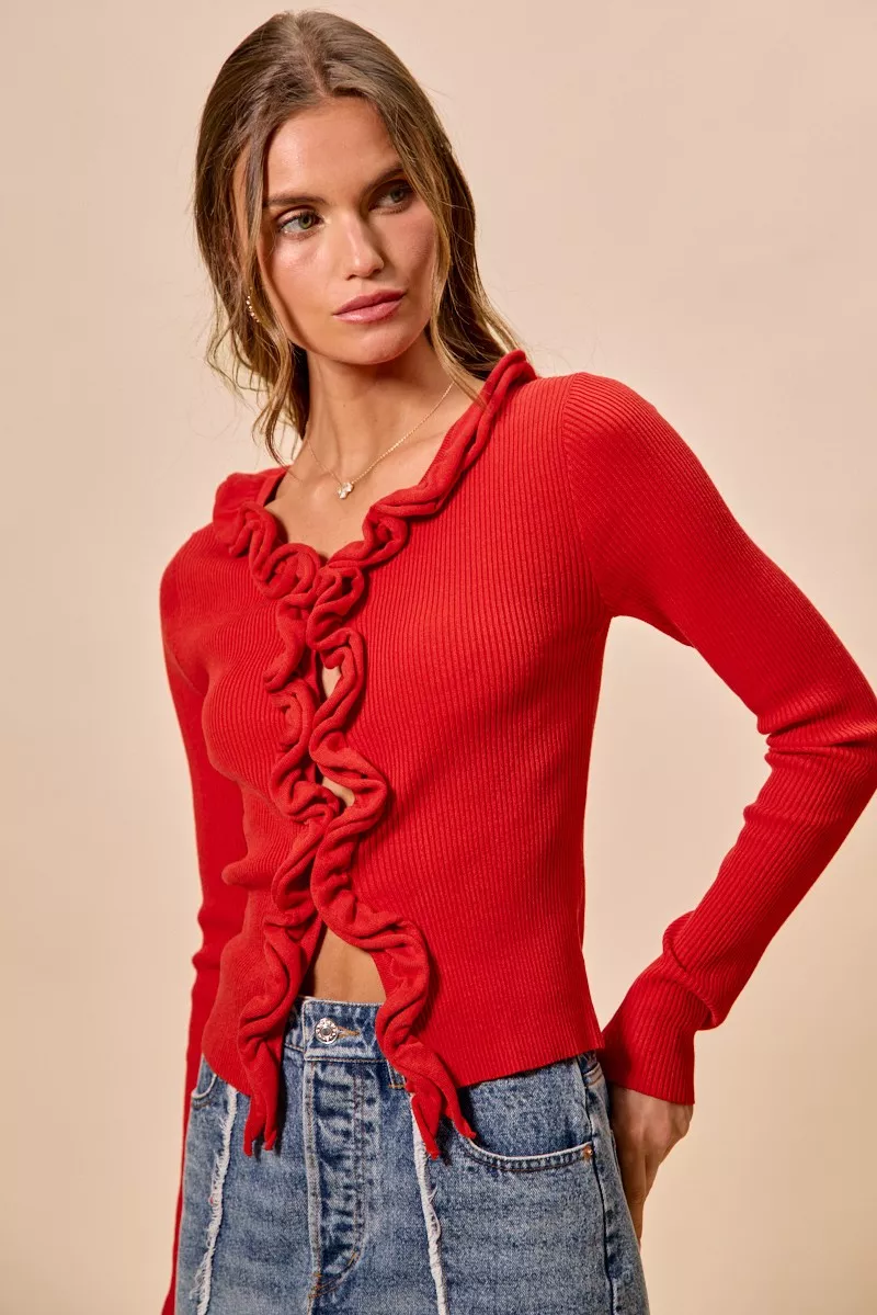 Cascade Ruffle Ribbed Sweater Cardgian, image 4