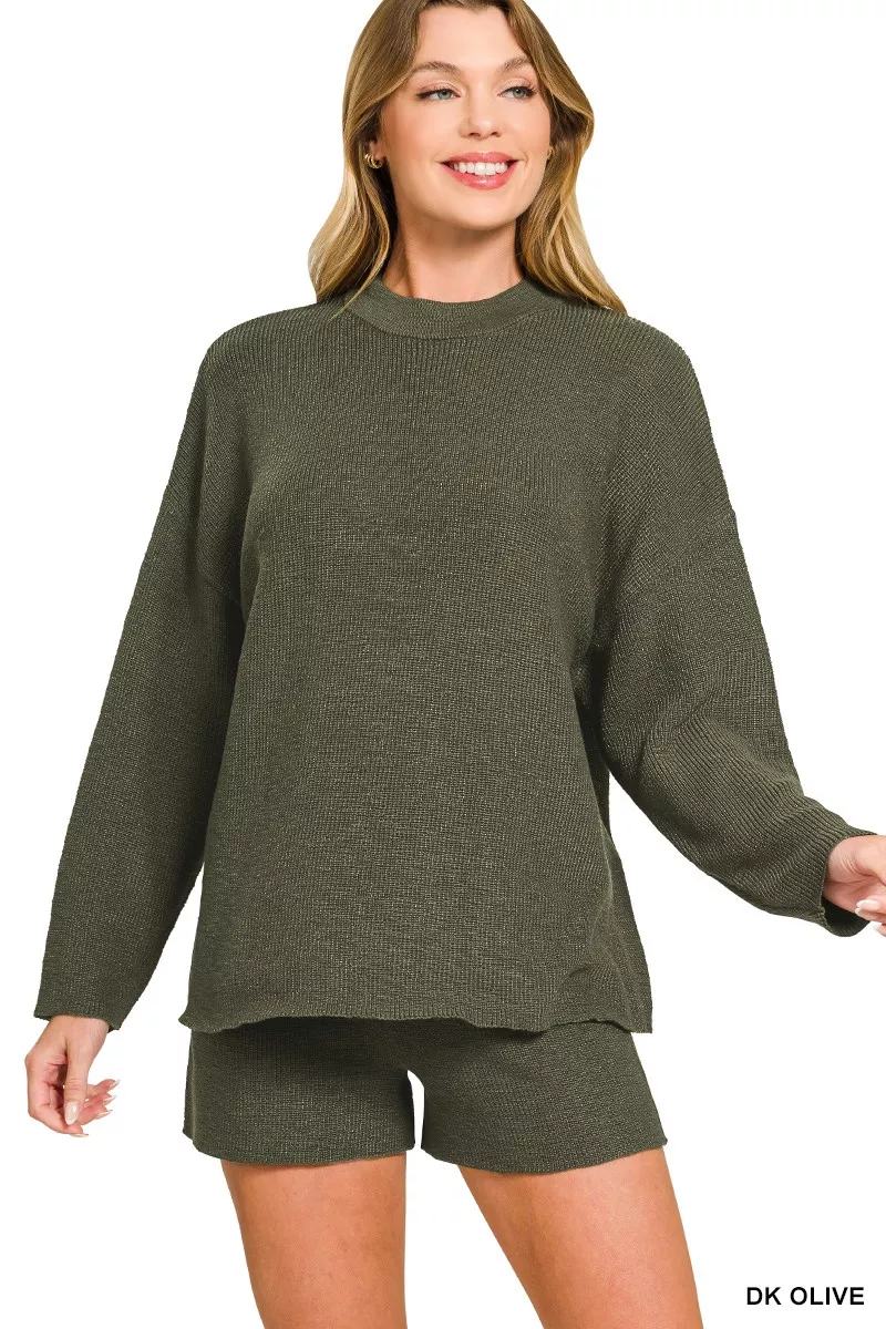 Round Neck Knit Top and Shorts Sweater Set