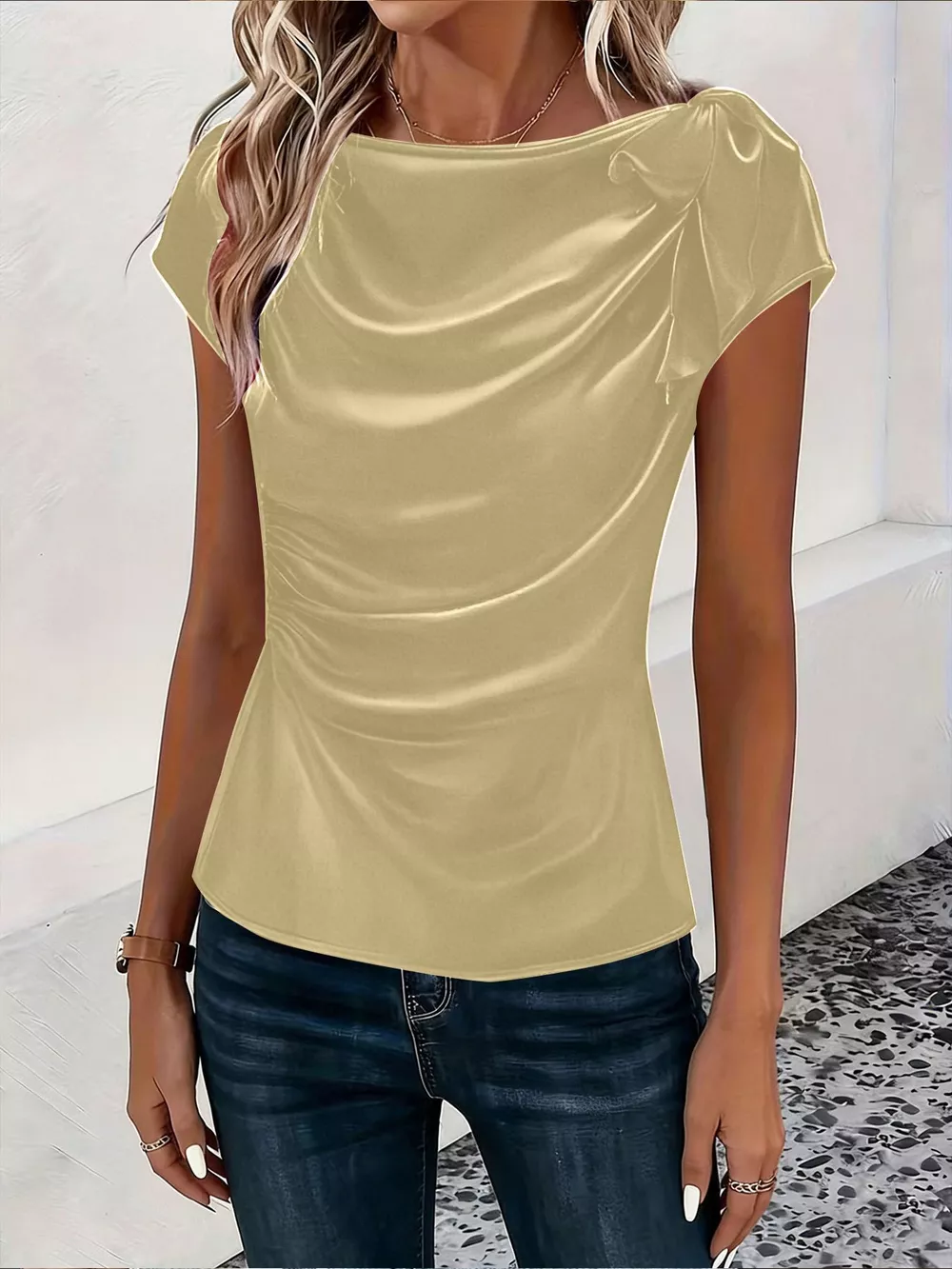Ruched Short Sleeve Satin Top, image 8