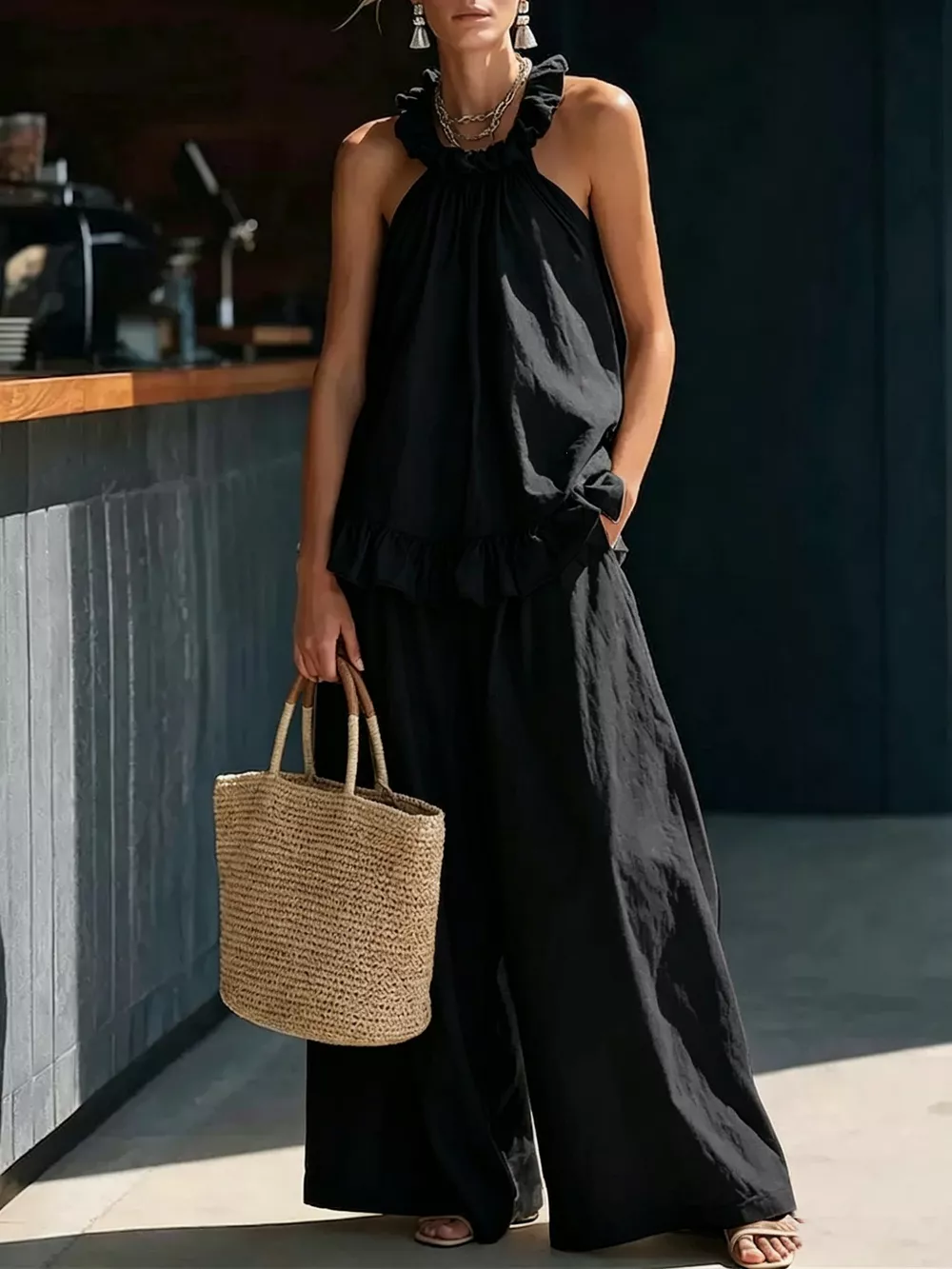 Full Size Ruffled Halter Neck Top and Wide-Leg Pants Set Plus Size, image 5