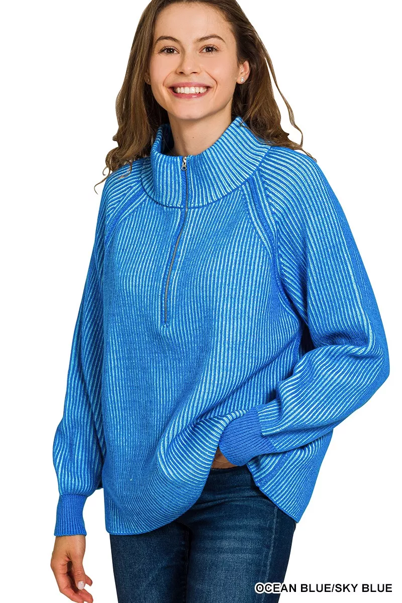 Ribbed Two Tone Half Zip Sweater, image 2